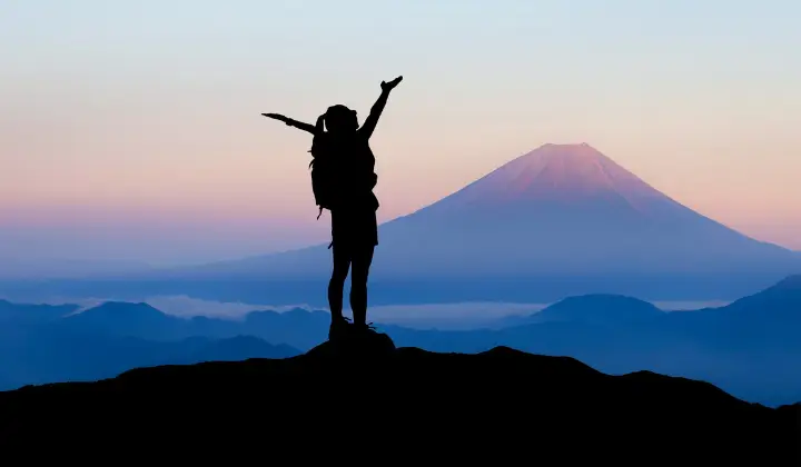 Photo d'une personne en haut d'une montagne pour illustrer le succès